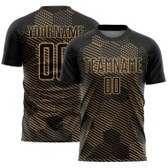 Custom Black Old Gold Abstract Hexagon Sublimation Soccer Uniform Jersey Custom Black Old Gold Abstract Hexagon Sublimation Soccer Uniform Jersey