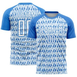 Custom Powder Blue White-Silver Abstract Geometric Pattern Sublimation Soccer Uniform Jersey Custom Powder Blue White-Silver Abstract Geometric Pattern Sublimation Soccer Uniform Jersey