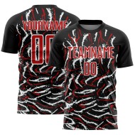Custom Black Red-White Curved And Wavy Lines Sublimation Soccer Uniform Jersey Custom Black Red-White Curved And Wavy Lines Sublimation Soccer Uniform Jersey