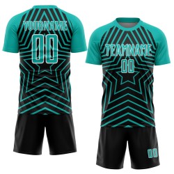 Custom Black Aqua-White Stars Sublimation Soccer Uniform Jersey Custom Black Aqua-White Stars Sublimation Soccer Uniform Jersey