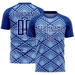 Custom Light Blue Royal-White Geometric Pattern Sublimation Soccer Uniform Jersey Custom Light Blue Royal-White Geometric Pattern Sublimation Soccer Uniform Jersey
