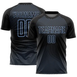 Custom Black Light Blue Geometric Lines Sublimation Soccer Uniform Jersey Custom Black Light Blue Geometric Lines Sublimation Soccer Uniform Jersey