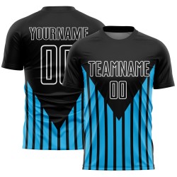 Custom Black Sky Blue-White Lines Sublimation Soccer Uniform Jersey Custom Black Sky Blue-White Lines Sublimation Soccer Uniform Jersey