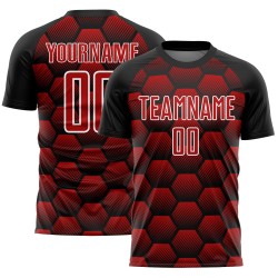Custom Black Red-White Hexagons Pattern Sublimation Soccer Uniform Jersey Custom Black Red-White Hexagons Pattern Sublimation Soccer Uniform Jersey