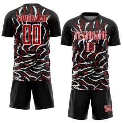 Custom Black Red-White Curved And Wavy Lines Sublimation Soccer Uniform Jersey Custom Black Red-White Curved And Wavy Lines Sublimation Soccer Uniform Jersey