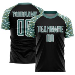 Custom Black Midnight Green-White Curved And Wavy Lines Sublimation Soccer Uniform Jersey Custom Black Midnight Green-White Curved And Wavy Lines Sublimation Soccer Uniform Jersey