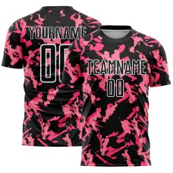 Custom Black Pink-White Abstract Geometric Pattern Sublimation Soccer Uniform Jersey Custom Black Pink-White Abstract Geometric Pattern Sublimation Soccer Uniform Jersey