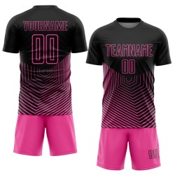 Custom Black Pink Geometric Lines Sublimation Soccer Uniform Jersey Custom Black Pink Geometric Lines Sublimation Soccer Uniform Jersey